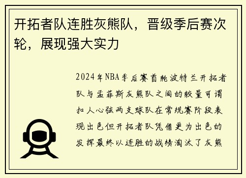 开拓者队连胜灰熊队，晋级季后赛次轮，展现强大实力